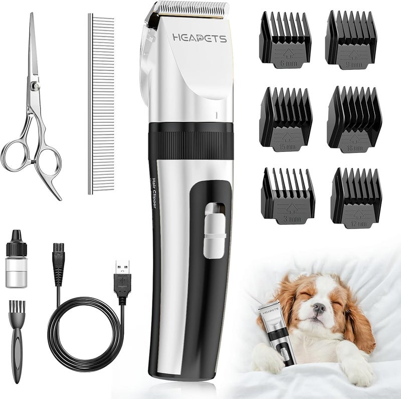 HEAPETS Dog Grooming Clippers, Low Noise, Electric Quiet, Adjustable Clipper Comb, Rechargeable Cordless Dog Hair Clippers for Dogs Cats Pets, White - Image 1